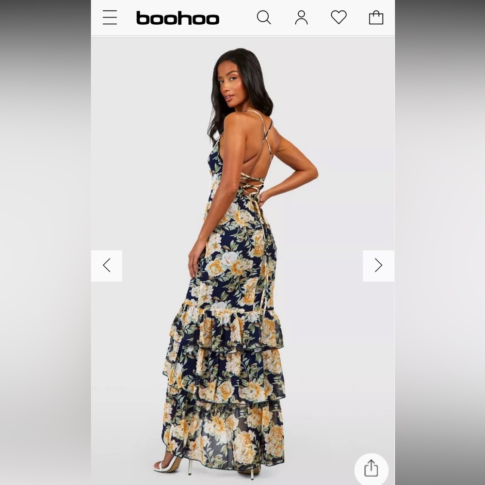 Boohoo - PETITE FLORAL TIERED RUFFLE FITTED MAXI DRESS - Navy Blue
